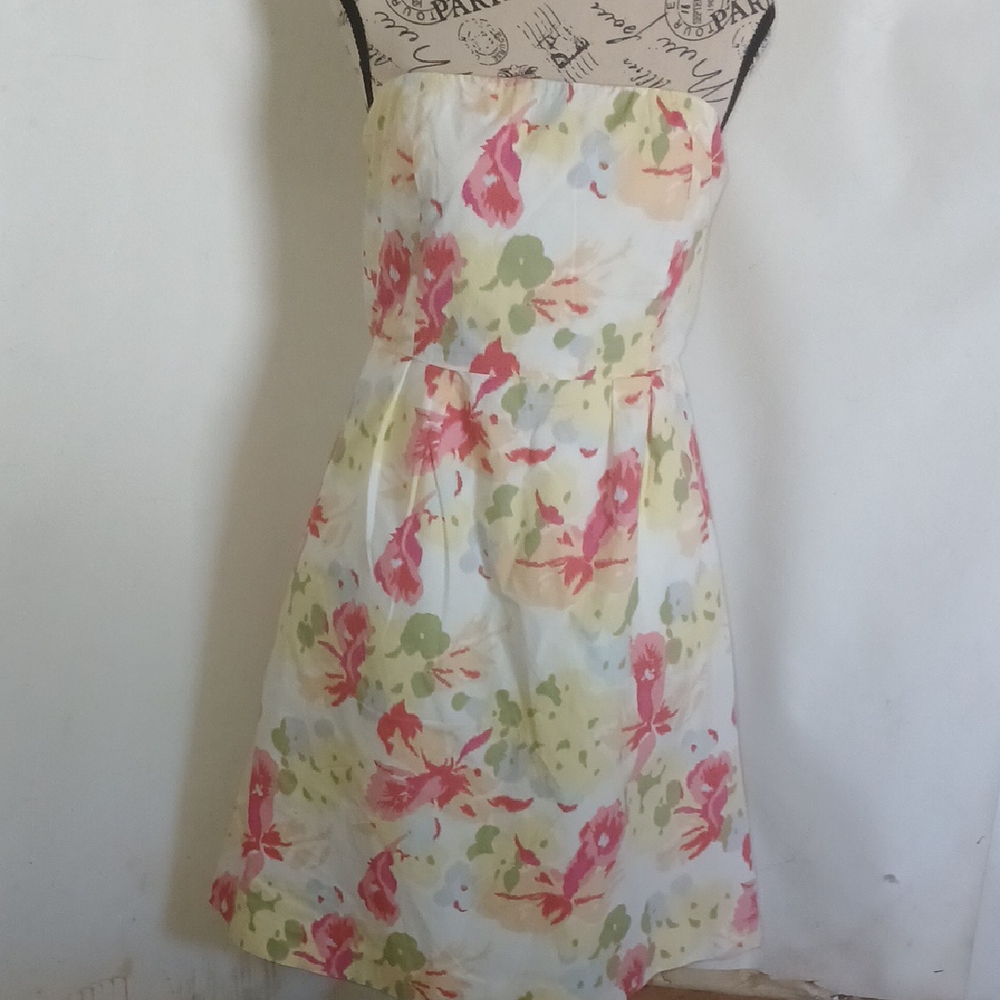 J. Crew Women's Abstract Floral Strapless Dress - Pink, Green, Yellow, Size 8